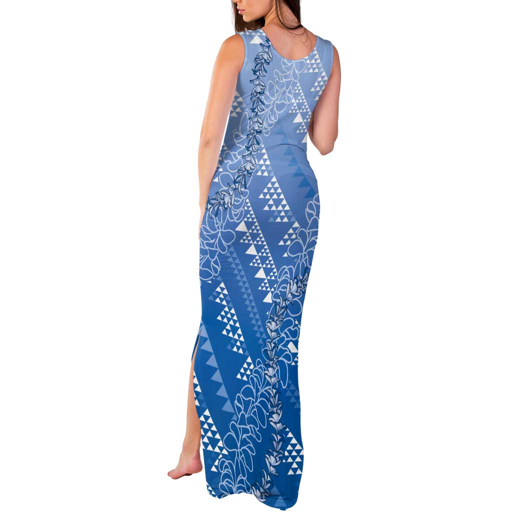 Hawaii Royal Blue Kapa Tank Maxi Dress Vintage 'Ohe Kāpala Motifs Mix Plumeria Leis LT7 - Polynesian Pride