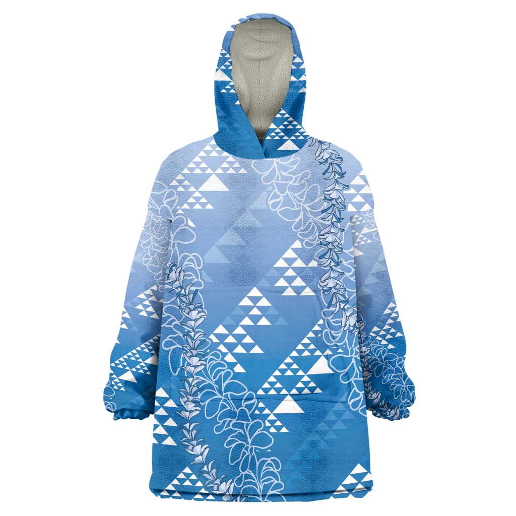 Hawaii Royal Blue Kapa Wearable Blanket Hoodie Vintage 'Ohe Kāpala Motifs Mix Plumeria Leis