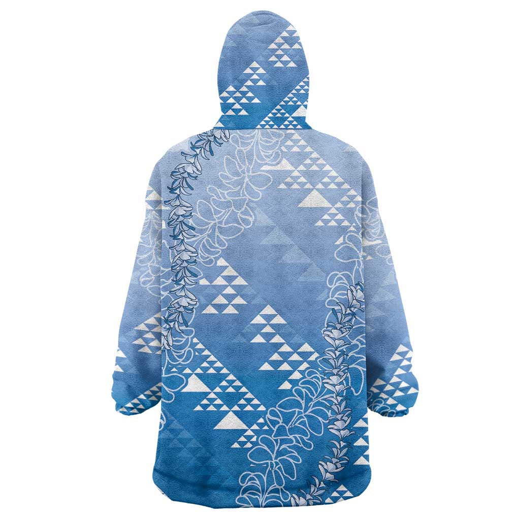 Hawaii Royal Blue Kapa Wearable Blanket Hoodie Vintage 'Ohe Kāpala Motifs Mix Plumeria Leis
