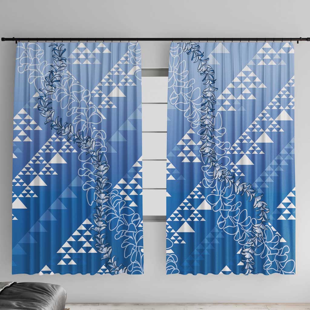 Hawaii Royal Blue Kapa Window Curtain Vintage 'Ohe Kāpala Motifs Mix Plumeria Leis LT7 With Hooks Royal Blue - Polynesian Pride