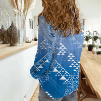 Hawaii Royal Blue Kapa Women Casual Shirt Vintage 'Ohe Kāpala Motifs Mix Plumeria Leis
