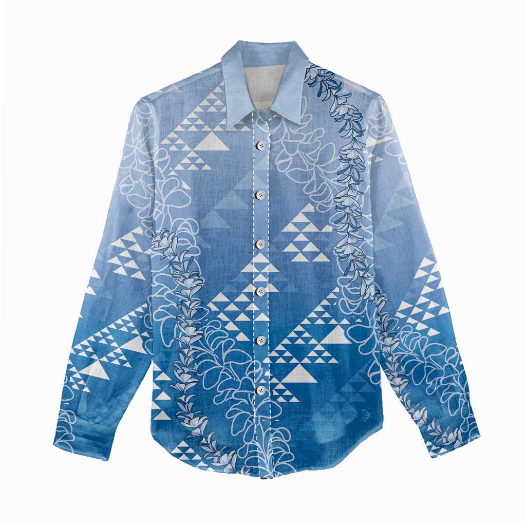 Hawaii Royal Blue Kapa Women Casual Shirt Vintage 'Ohe Kāpala Motifs Mix Plumeria Leis