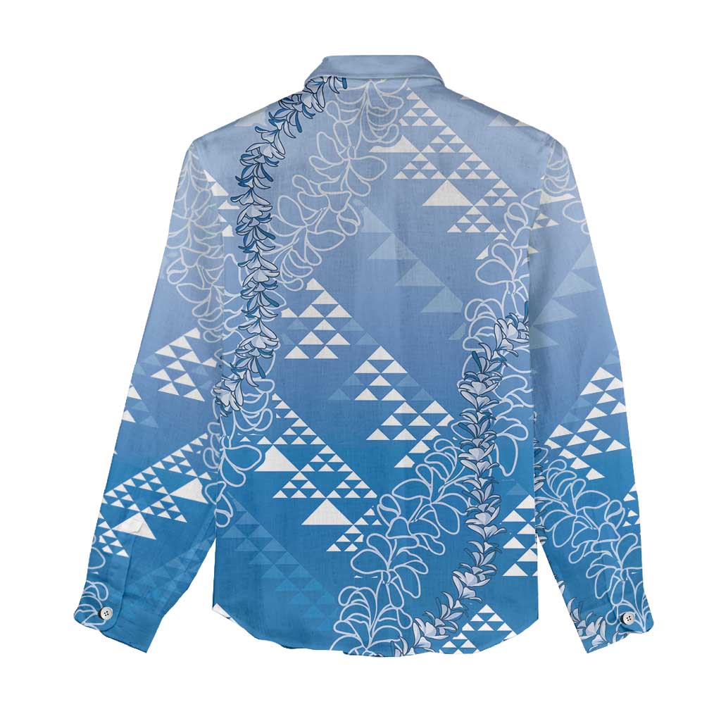 Hawaii Royal Blue Kapa Women Casual Shirt Vintage 'Ohe Kāpala Motifs Mix Plumeria Leis