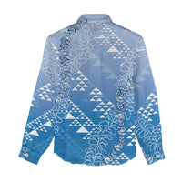 Hawaii Royal Blue Kapa Women Casual Shirt Vintage 'Ohe Kāpala Motifs Mix Plumeria Leis