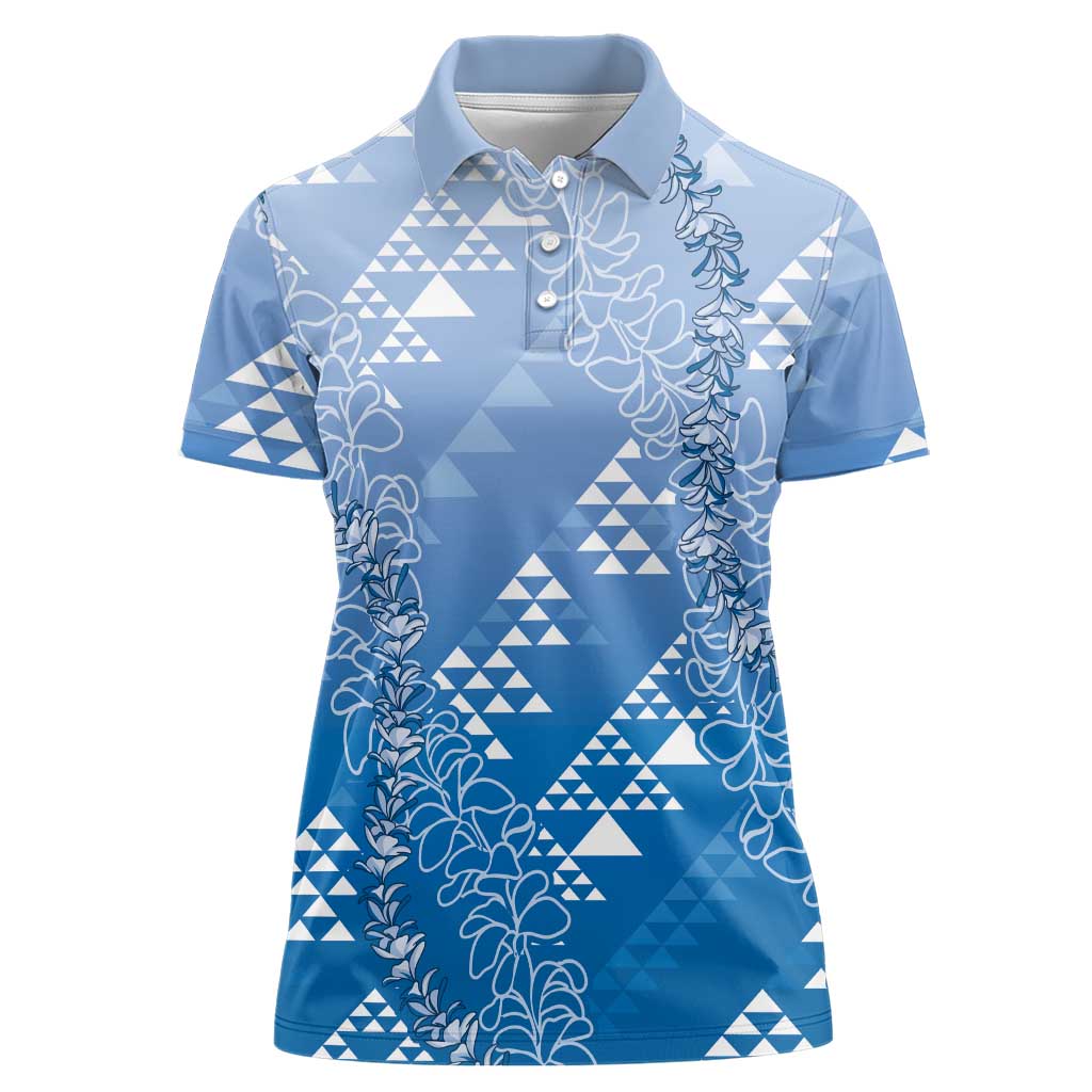 Hawaii Royal Blue Kapa Women Polo Shirt Vintage 'Ohe Kāpala Motifs Mix Plumeria Leis