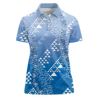 Hawaii Royal Blue Kapa Women Polo Shirt Vintage 'Ohe Kāpala Motifs Mix Plumeria Leis