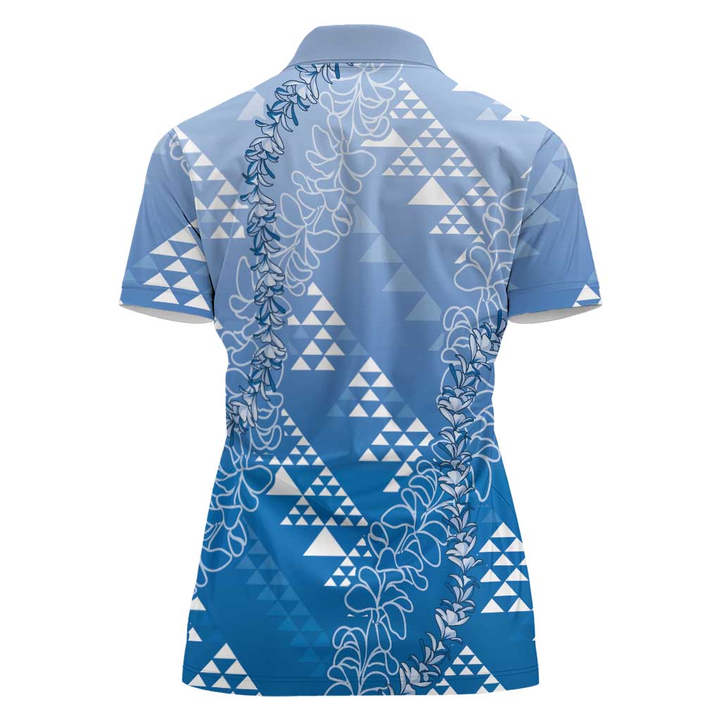 Hawaii Royal Blue Kapa Women Polo Shirt Vintage 'Ohe Kāpala Motifs Mix Plumeria Leis