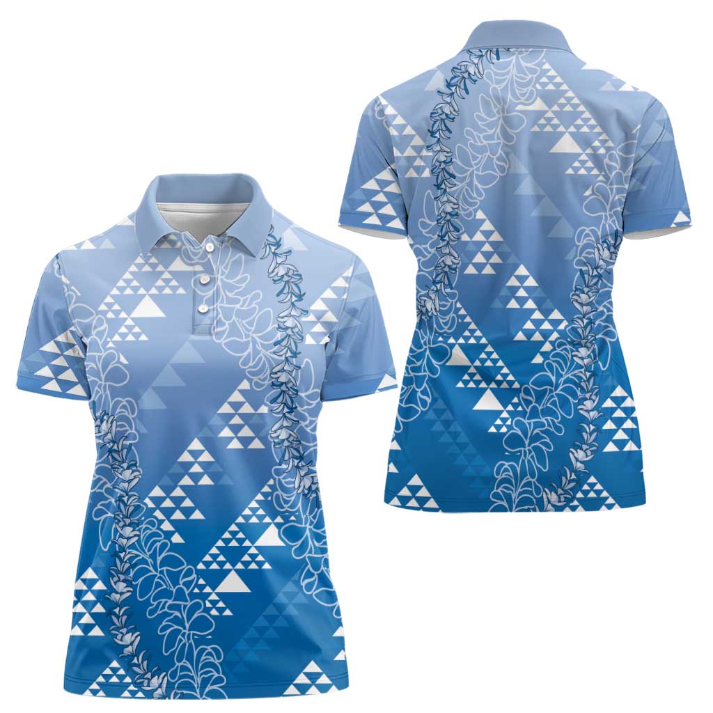 Hawaii Royal Blue Kapa Women Polo Shirt Vintage 'Ohe Kāpala Motifs Mix Plumeria Leis