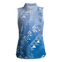 Hawaii Royal Blue Kapa Women Sleeveless Polo Shirt Vintage 'Ohe Kāpala Motifs Mix Plumeria Leis