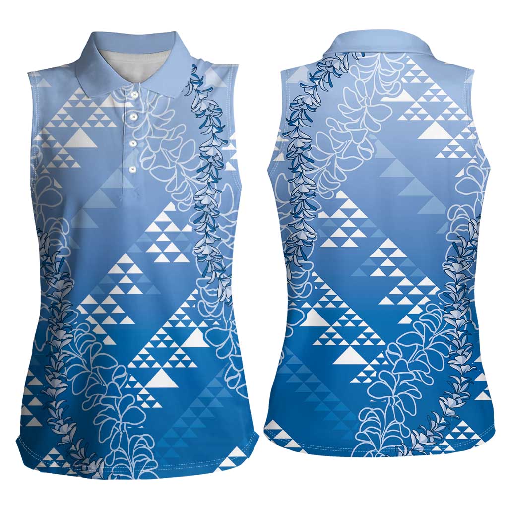 Hawaii Royal Blue Kapa Women Sleeveless Polo Shirt Vintage 'Ohe Kāpala Motifs Mix Plumeria Leis