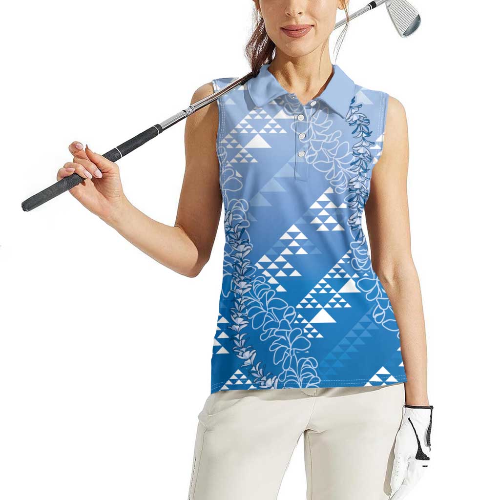 Hawaii Royal Blue Kapa Women Sleeveless Polo Shirt Vintage 'Ohe Kāpala Motifs Mix Plumeria Leis