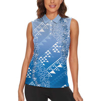 Hawaii Royal Blue Kapa Women Sleeveless Polo Shirt Vintage 'Ohe Kāpala Motifs Mix Plumeria Leis