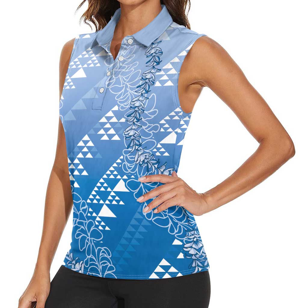 Hawaii Royal Blue Kapa Women Sleeveless Polo Shirt Vintage 'Ohe Kāpala Motifs Mix Plumeria Leis