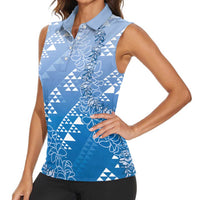 Hawaii Royal Blue Kapa Women Sleeveless Polo Shirt Vintage 'Ohe Kāpala Motifs Mix Plumeria Leis