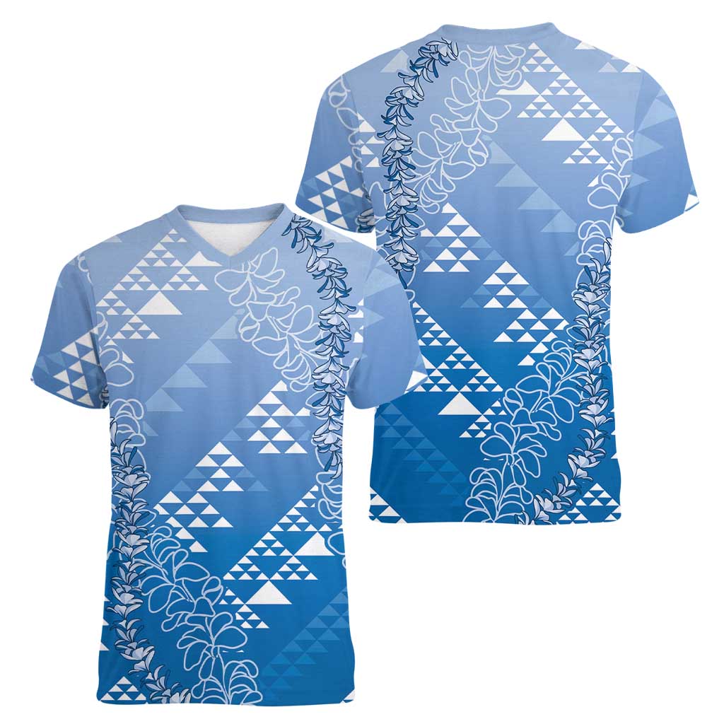 Hawaii Royal Blue Kapa Women V-Neck T-Shirt Vintage 'Ohe Kāpala Motifs Mix Plumeria Leis