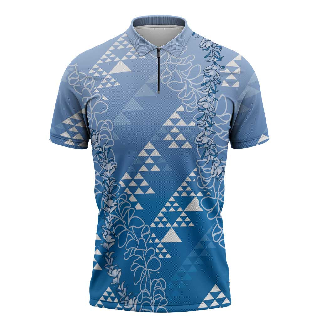 Hawaii Royal Blue Kapa Zipper Polo Shirt Vintage 'Ohe Kāpala Motifs Mix Plumeria Leis