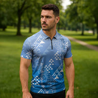 Hawaii Royal Blue Kapa Zipper Polo Shirt Vintage 'Ohe Kāpala Motifs Mix Plumeria Leis