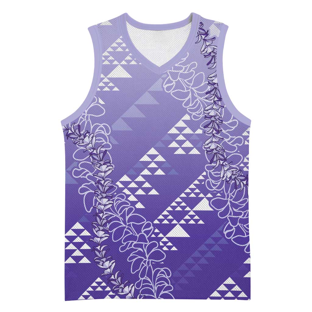 Hawaii Lavender Kapa Basketball Jersey Vintage 'Ohe Kāpala Motifs Mix Plumeria Leis LT7 Unisex Lavender - Polynesian Pride