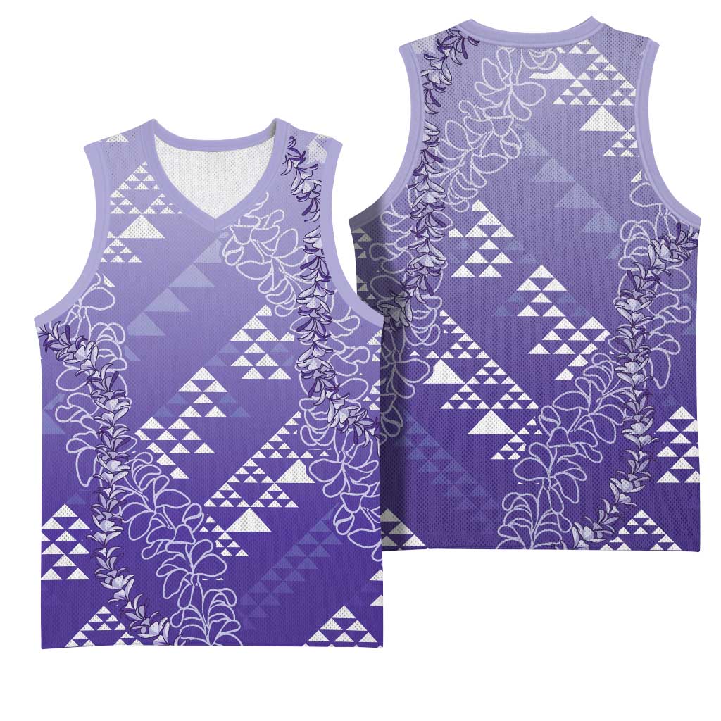 Hawaii Lavender Kapa Basketball Jersey Vintage 'Ohe Kāpala Motifs Mix Plumeria Leis LT7 - Polynesian Pride