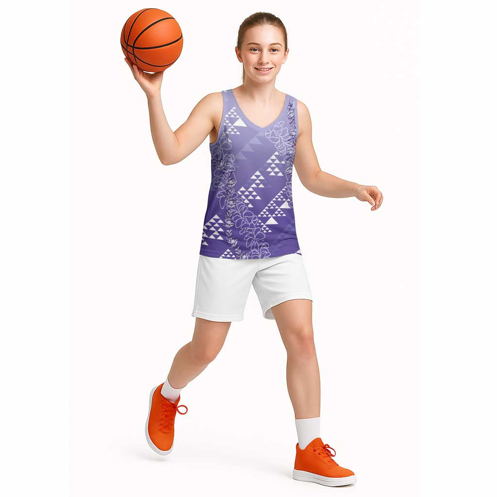 Hawaii Lavender Kapa Basketball Jersey Vintage 'Ohe Kāpala Motifs Mix Plumeria Leis LT7 - Polynesian Pride