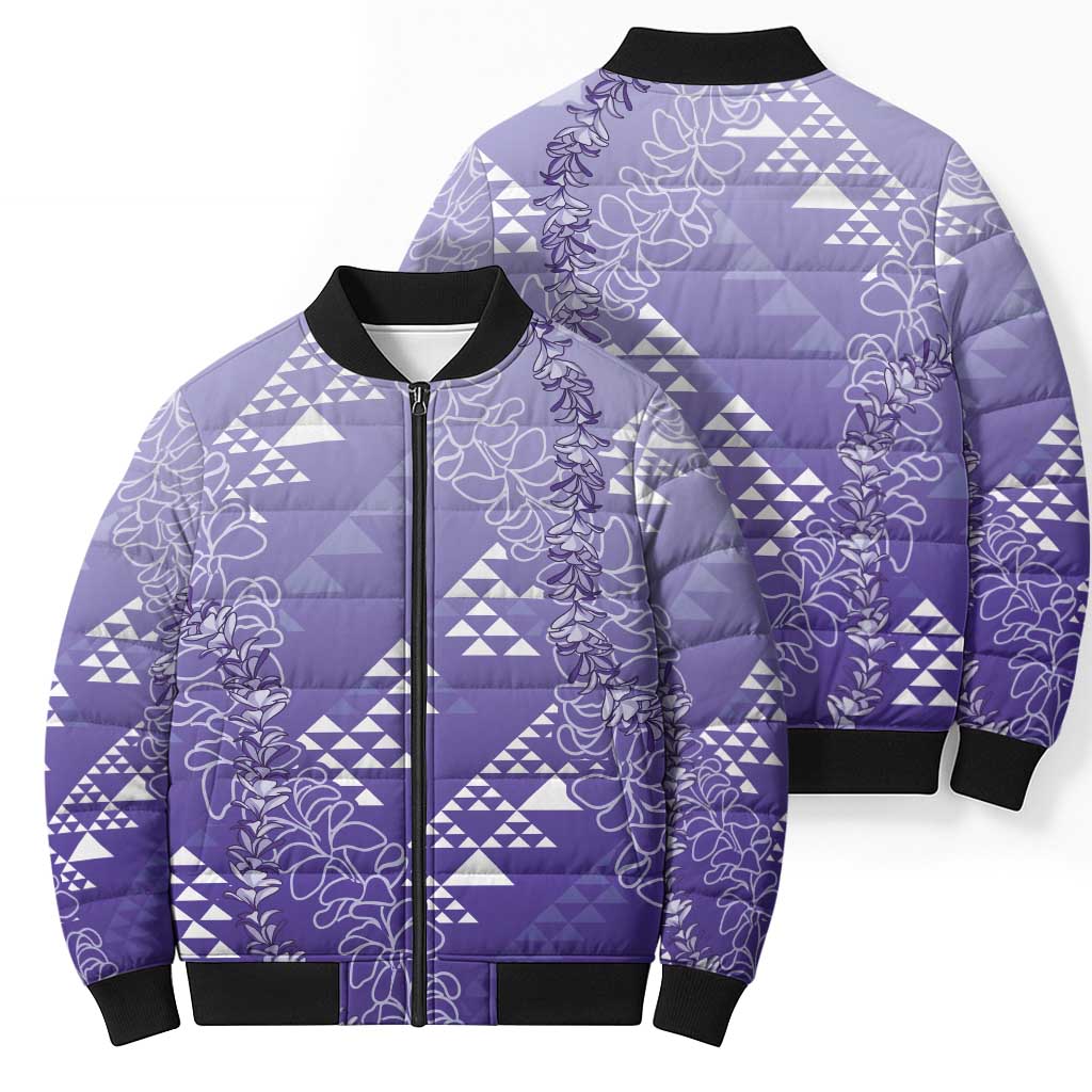 Hawaii Lavender Kapa Bomber Puffer Jacket Vintage 'Ohe Kāpala Motifs Mix Plumeria Leis