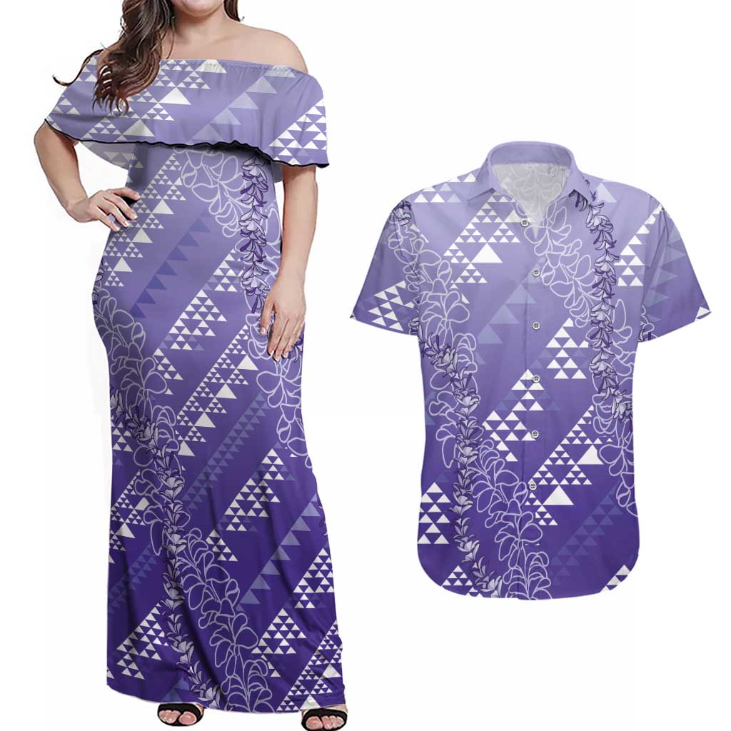 Hawaii Lavender Kapa Couples Matching Off Shoulder Maxi Dress and Hawaiian Shirt Vintage 'Ohe Kāpala Motifs Mix Plumeria Leis