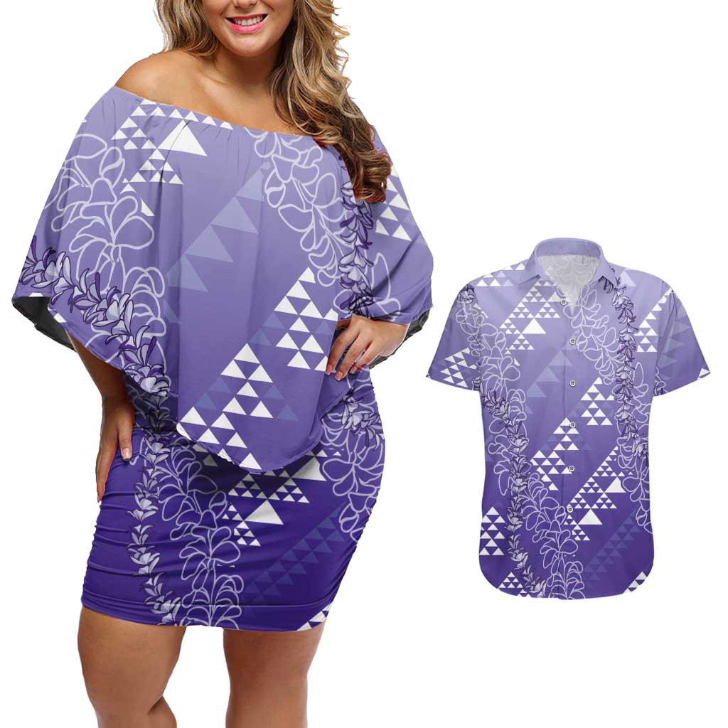 Hawaii Lavender Kapa Couples Matching Off Shoulder Short Dress and Hawaiian Shirt Vintage 'Ohe Kāpala Motifs Mix Plumeria Leis LT7 Lavender - Polynesian Pride