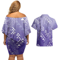 Hawaii Lavender Kapa Couples Matching Off Shoulder Short Dress and Hawaiian Shirt Vintage 'Ohe Kāpala Motifs Mix Plumeria Leis