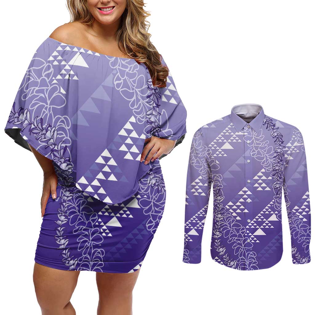 Hawaii Lavender Kapa Couples Matching Off Shoulder Short Dress and Long Sleeve Button Shirt Vintage 'Ohe Kāpala Motifs Mix Plumeria Leis