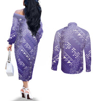 Hawaii Lavender Kapa Couples Matching Off The Shoulder Long Sleeve Dress and Long Sleeve Button Shirt Vintage 'Ohe Kāpala Motifs Mix Plumeria Leis