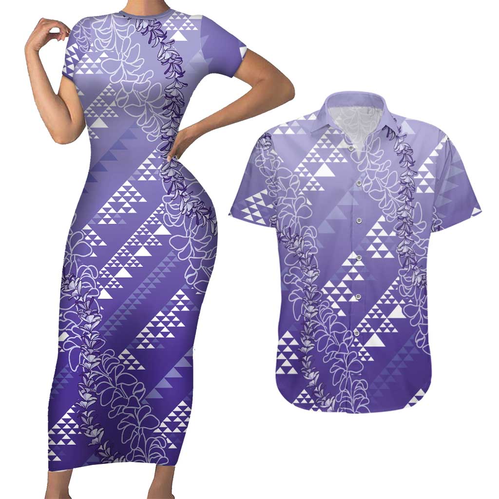 Hawaii Lavender Kapa Couples Matching Short Sleeve Bodycon Dress and Hawaiian Shirt Vintage 'Ohe Kāpala Motifs Mix Plumeria Leis LT7 Lavender - Polynesian Pride
