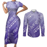 Hawaii Lavender Kapa Couples Matching Short Sleeve Bodycon Dress and Long Sleeve Button Shirt Vintage 'Ohe Kāpala Motifs Mix Plumeria Leis