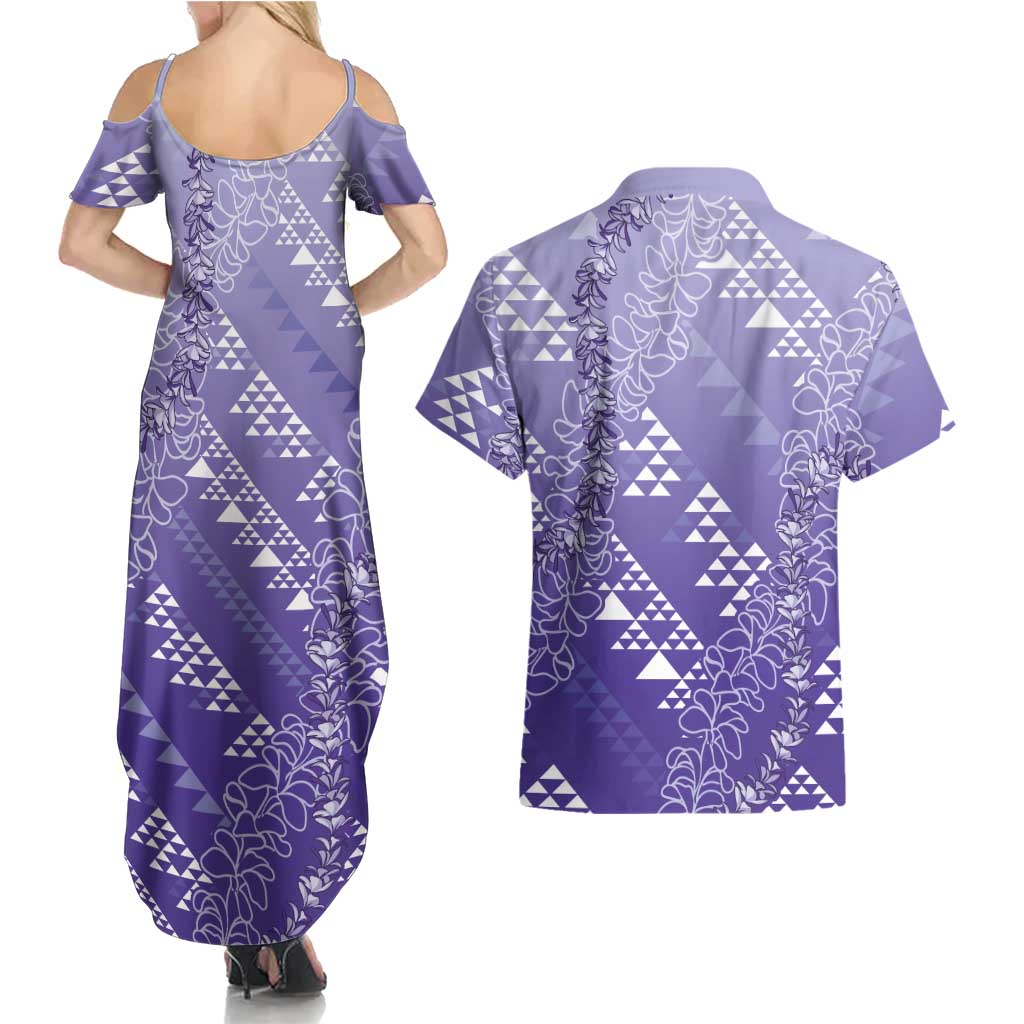 Hawaii Lavender Kapa Couples Matching Summer Maxi Dress and Hawaiian Shirt Vintage 'Ohe Kāpala Motifs Mix Plumeria Leis