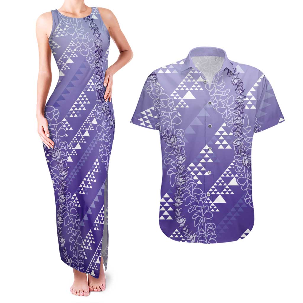 Hawaii Lavender Kapa Couples Matching Tank Maxi Dress and Hawaiian Shirt Vintage 'Ohe Kāpala Motifs Mix Plumeria Leis