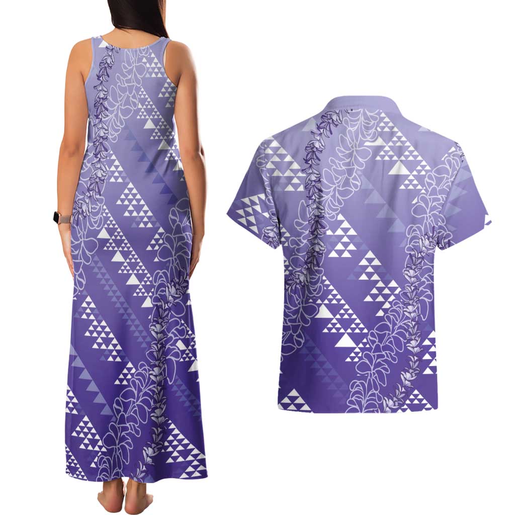 Hawaii Lavender Kapa Couples Matching Tank Maxi Dress and Hawaiian Shirt Vintage 'Ohe Kāpala Motifs Mix Plumeria Leis