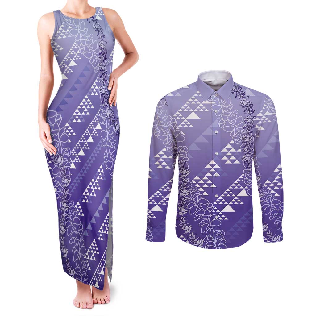 Hawaii Lavender Kapa Couples Matching Tank Maxi Dress and Long Sleeve Button Shirt Vintage 'Ohe Kāpala Motifs Mix Plumeria Leis