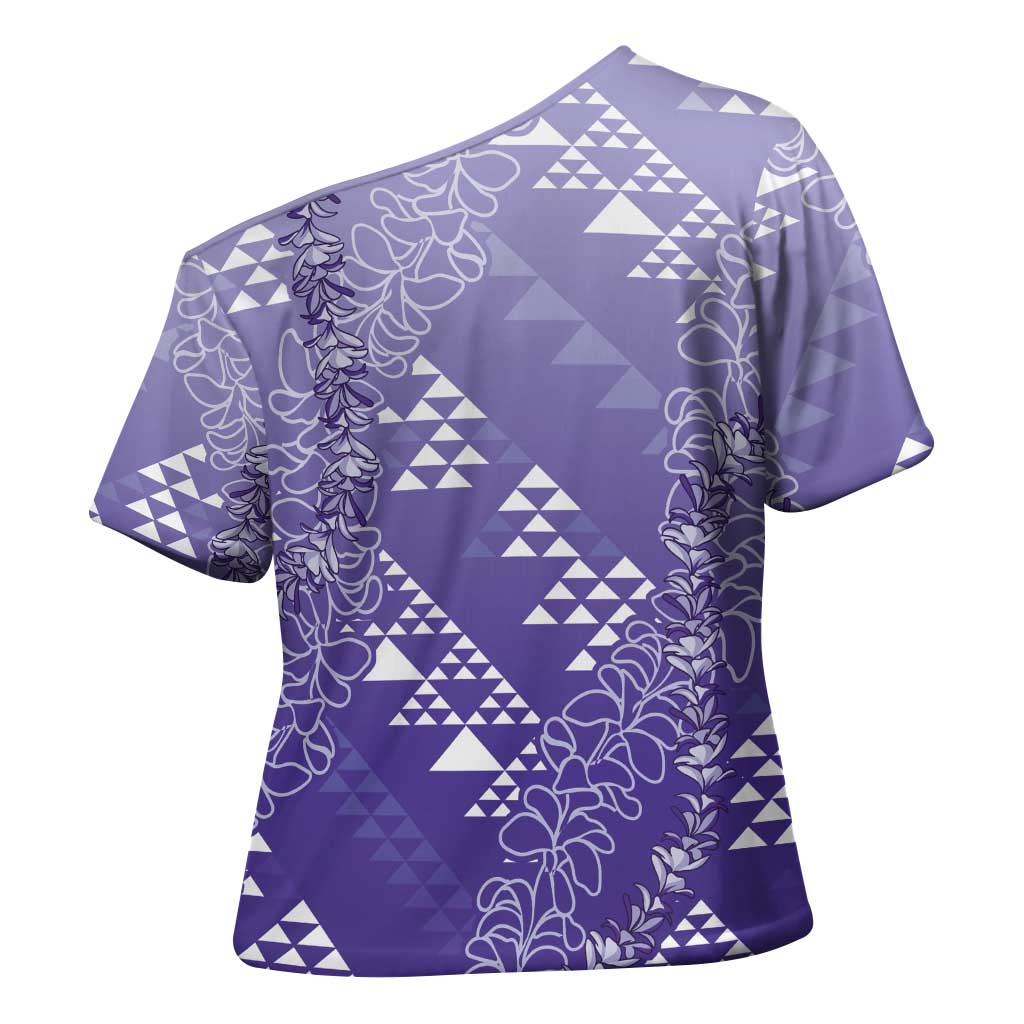 Hawaii Lavender Kapa Cross Shoulder Shirt Vintage 'Ohe Kāpala Motifs Mix Plumeria Leis LT7 - Polynesian Pride