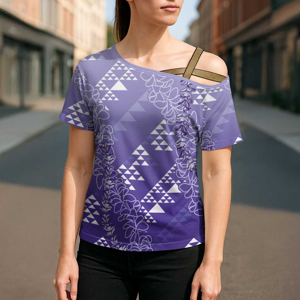 Hawaii Lavender Kapa Cross Shoulder Shirt Vintage 'Ohe Kāpala Motifs Mix Plumeria Leis LT7 - Polynesian Pride