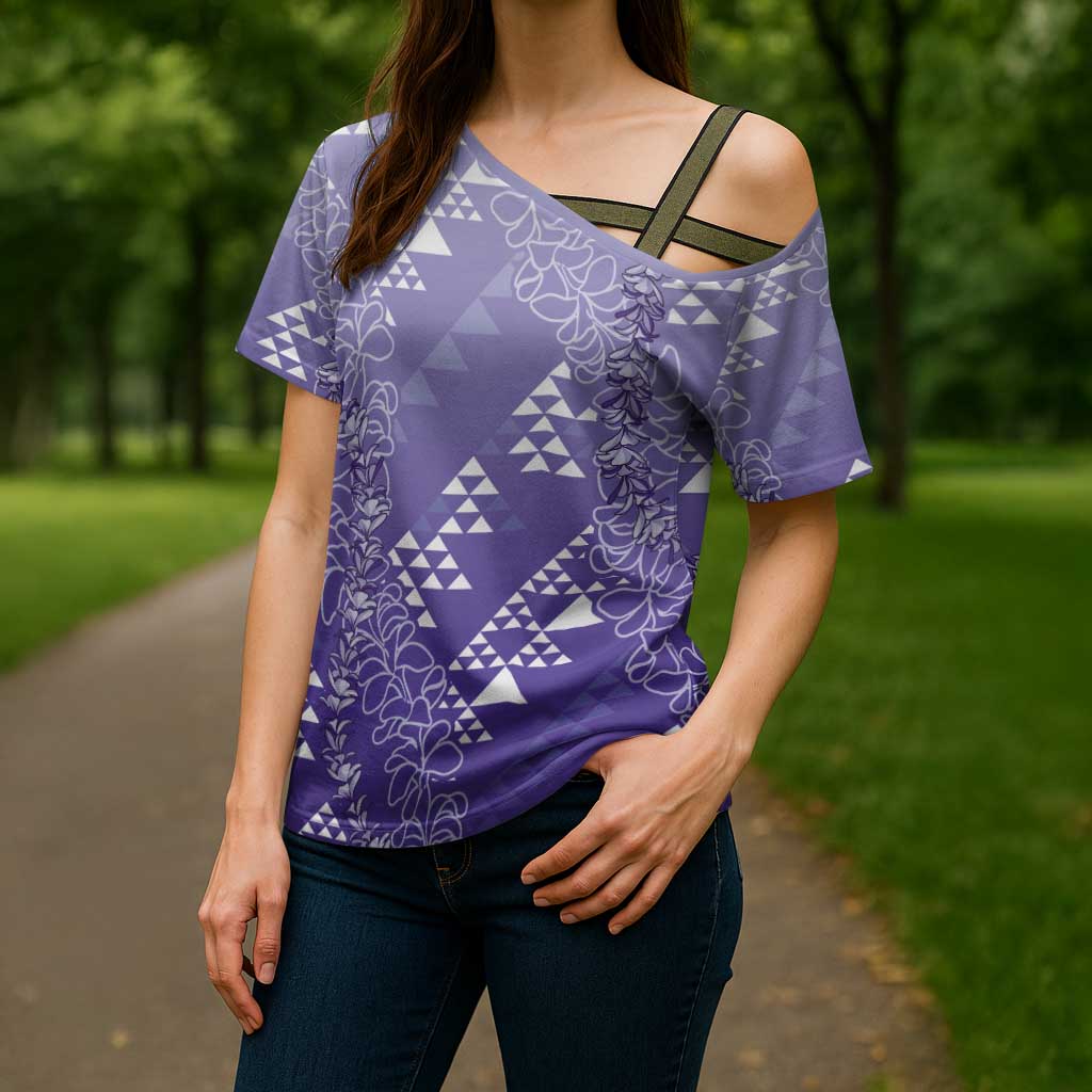 Hawaii Lavender Kapa Cross Shoulder Shirt Vintage 'Ohe Kāpala Motifs Mix Plumeria Leis LT7 - Polynesian Pride
