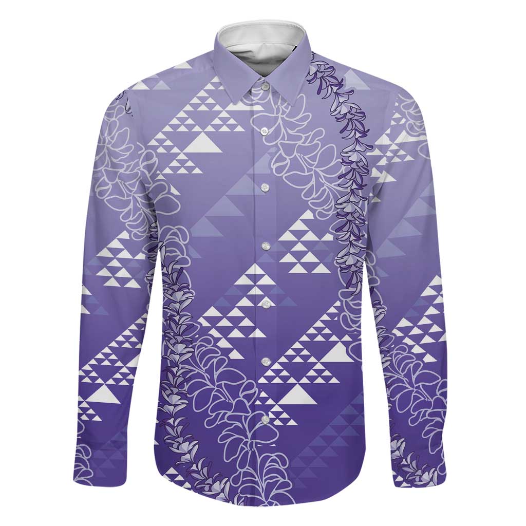 Hawaii Lavender Kapa Family Matching Off The Shoulder Long Sleeve Dress and Hawaiian Shirt Vintage 'Ohe Kāpala Motifs Mix Plumeria Leis LT7 Dad's Shirt - Long Sleeve Lavender - Polynesian Pride