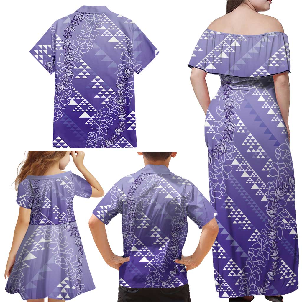 Hawaii Lavender Kapa Family Matching Off Shoulder Maxi Dress and Hawaiian Shirt Vintage 'Ohe Kāpala Motifs Mix Plumeria Leis LT7 - Polynesian Pride