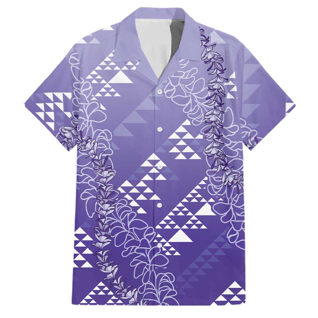 Hawaii Lavender Kapa Family Matching Off Shoulder Maxi Dress and Hawaiian Shirt Vintage 'Ohe Kāpala Motifs Mix Plumeria Leis LT7 Dad's Shirt - Short Sleeve Lavender - Polynesian Pride