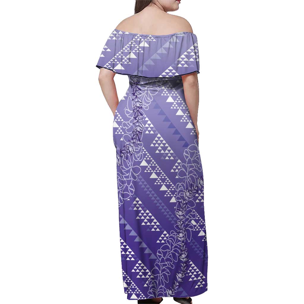Hawaii Lavender Kapa Family Matching Off Shoulder Maxi Dress and Hawaiian Shirt Vintage 'Ohe Kāpala Motifs Mix Plumeria Leis LT7 - Polynesian Pride