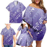 Hawaii Lavender Kapa Family Matching Off Shoulder Short Dress and Hawaiian Shirt Vintage 'Ohe Kāpala Motifs Mix Plumeria Leis LT7 - Polynesian Pride