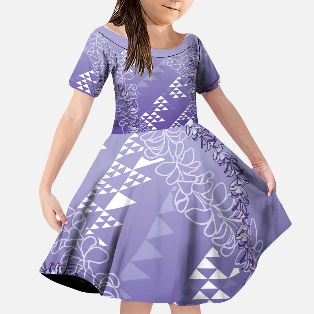 Hawaii Lavender Kapa Family Matching Summer Maxi Dress and Hawaiian Shirt Vintage 'Ohe Kāpala Motifs Mix Plumeria Leis LT7 Daughter's Dress Lavender - Polynesian Pride