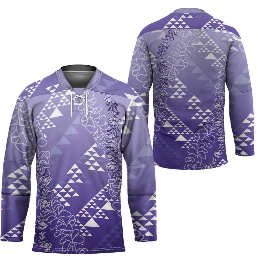 Hawaii Lavender Kapa Hockey Jersey Vintage 'Ohe Kāpala Motifs Mix Plumeria Leis LT7 - Polynesian Pride