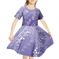 Hawaii Lavender Kapa Kid Short Sleeve Dress Vintage 'Ohe Kāpala Motifs Mix Plumeria Leis LT7 - Polynesian Pride