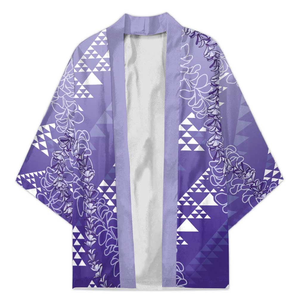 Hawaii Lavender Kapa Kimono Vintage 'Ohe Kāpala Motifs Mix Plumeria Leis