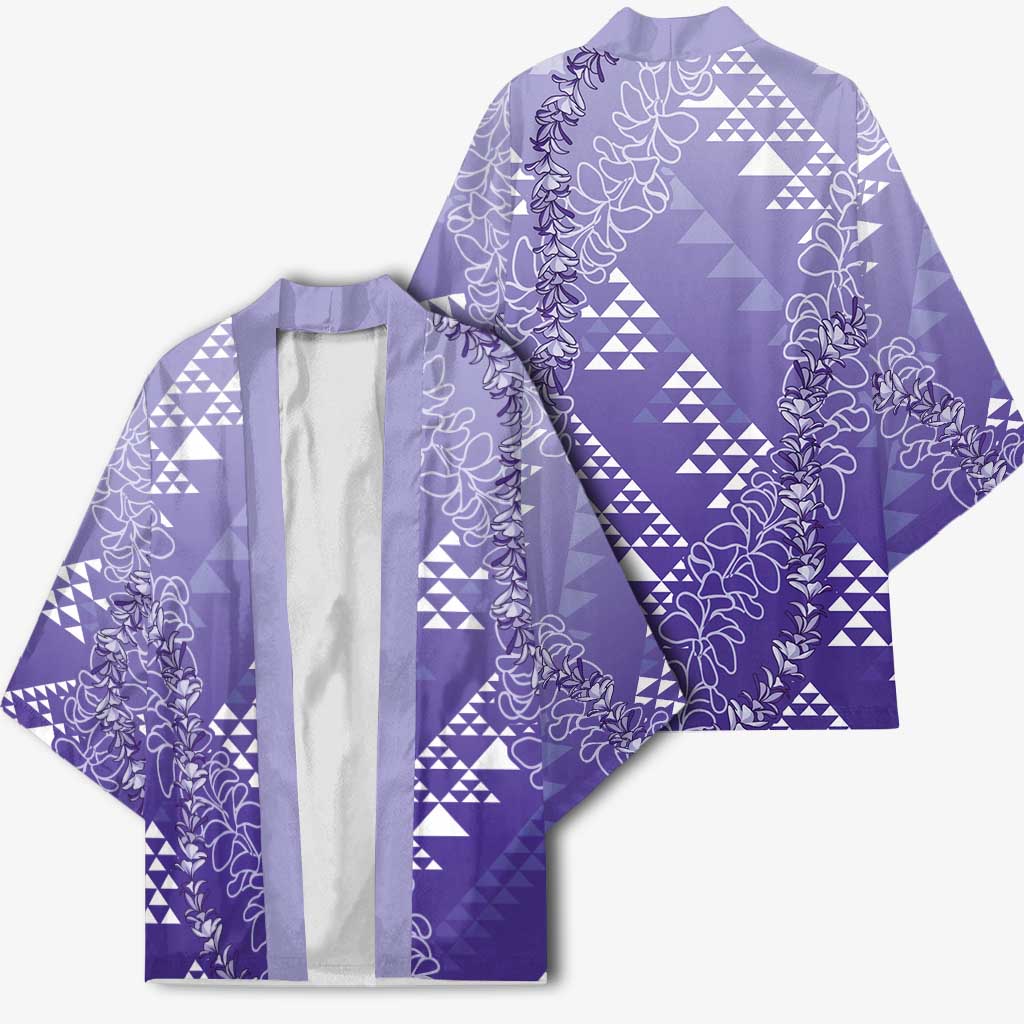 Hawaii Lavender Kapa Kimono Vintage 'Ohe Kāpala Motifs Mix Plumeria Leis