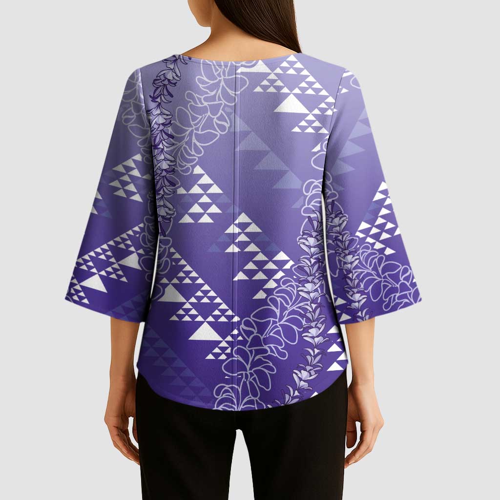 Hawaii Lavender Kapa Kimono Sleeve Blouse Vintage 'Ohe Kāpala Motifs Mix Plumeria Leis LT7 - Polynesian Pride